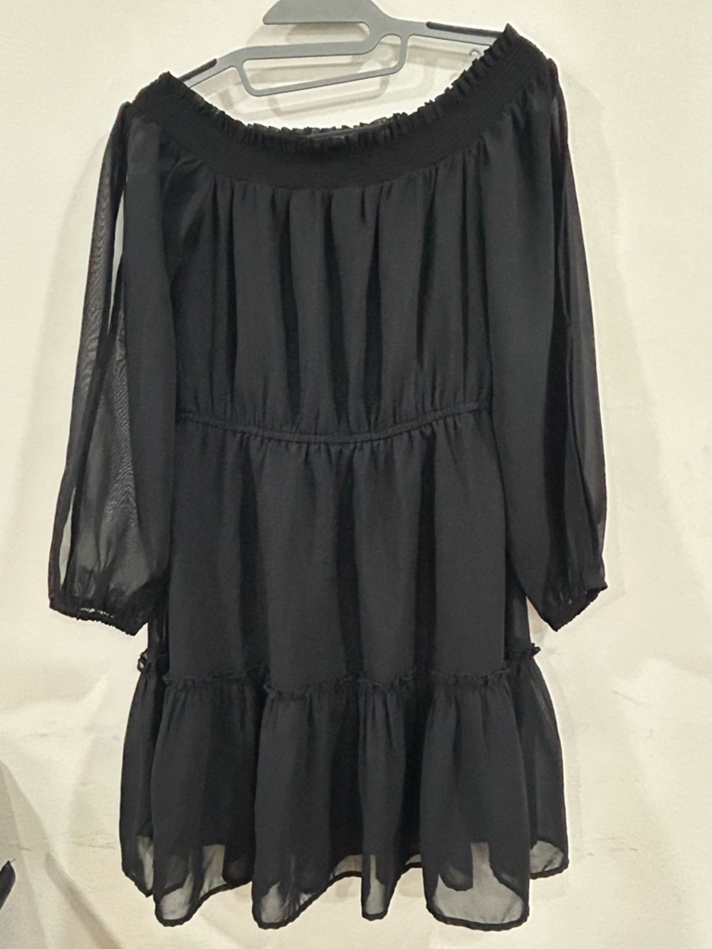 Off-Shoulder Black Long-Sleeve Chiffon Dress - Picture 3 of 4